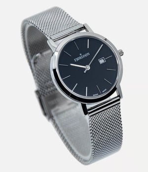 Strap on black dial watch - Fjordson Silver Metal Mesh Watch strap silver buckle - WOMEN - vegan & approved by PETA - Swiss made