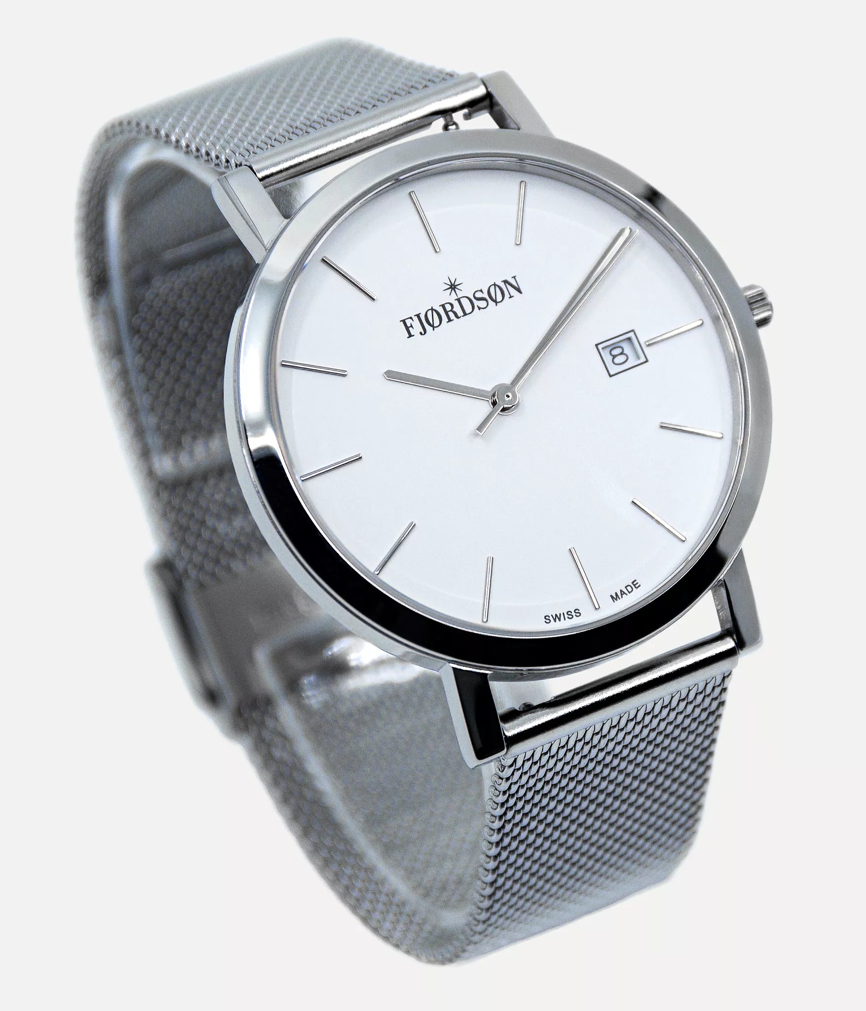 Strap on white dial watch shot - Fjordson Metal Mesh Watch strap silver buckle - MEN - vegan & approved by PETA - Swiss made