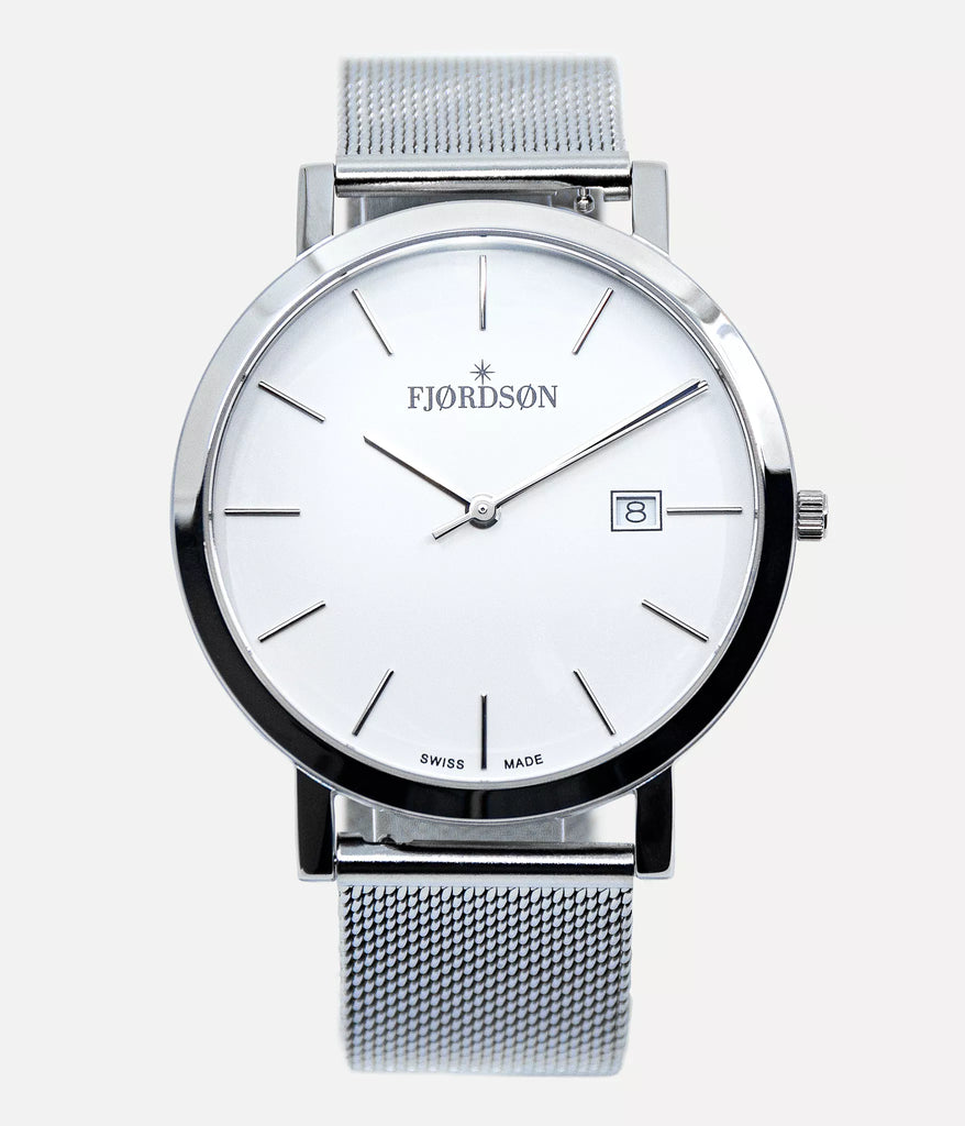 Fjordson Vegan Watches I Men's Watch White Dial & Metal Mesh Strap