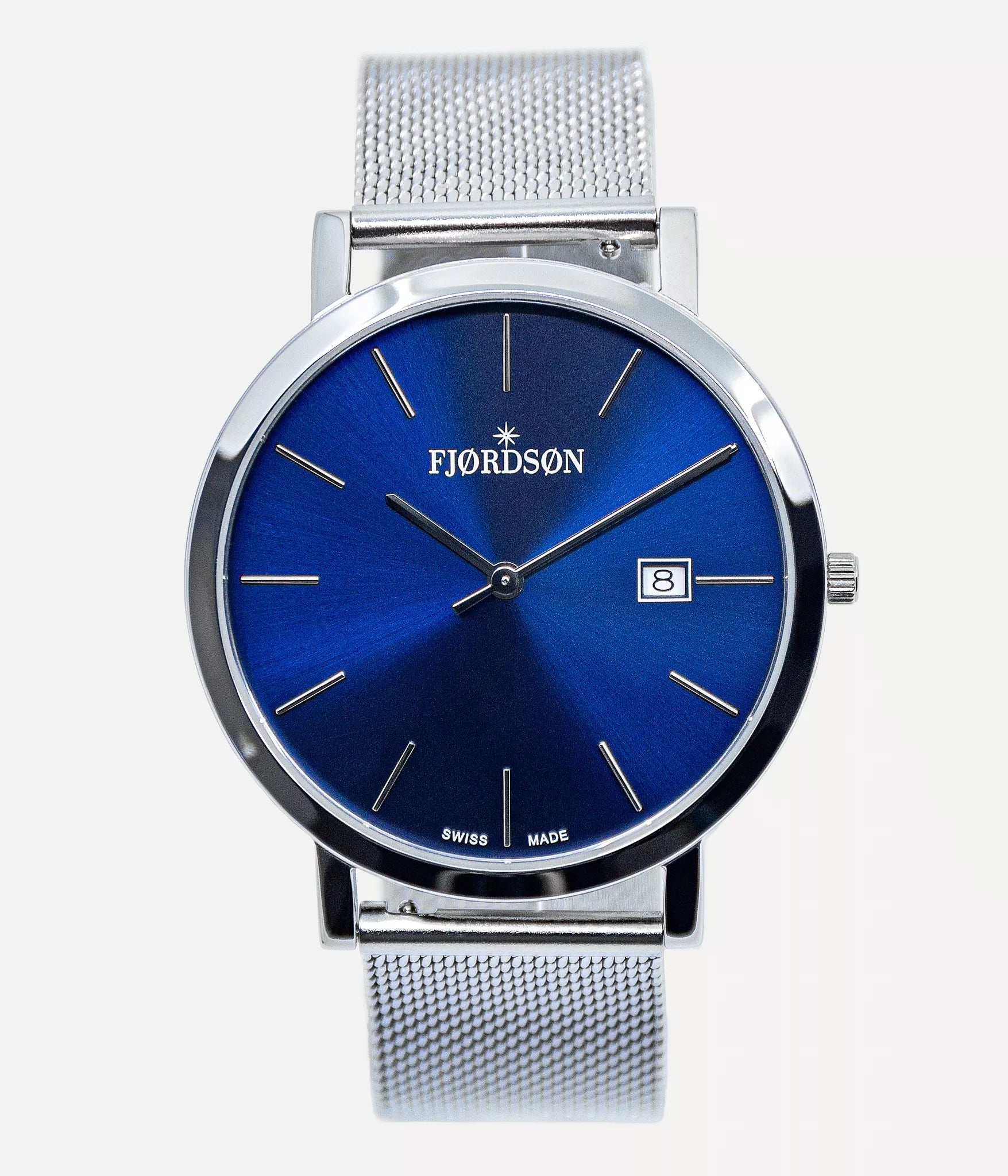 Front shot - Fjordson watch with blue dial and silver mesh watch strap - MEN - vegan & approved by PETA - Swiss made