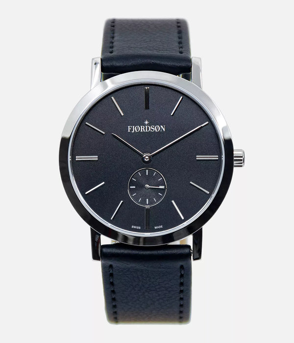 Front shot - Fjordson watch with black dial and vegan leather strap - UNISEX - vegan & approved by PETA - Swiss made