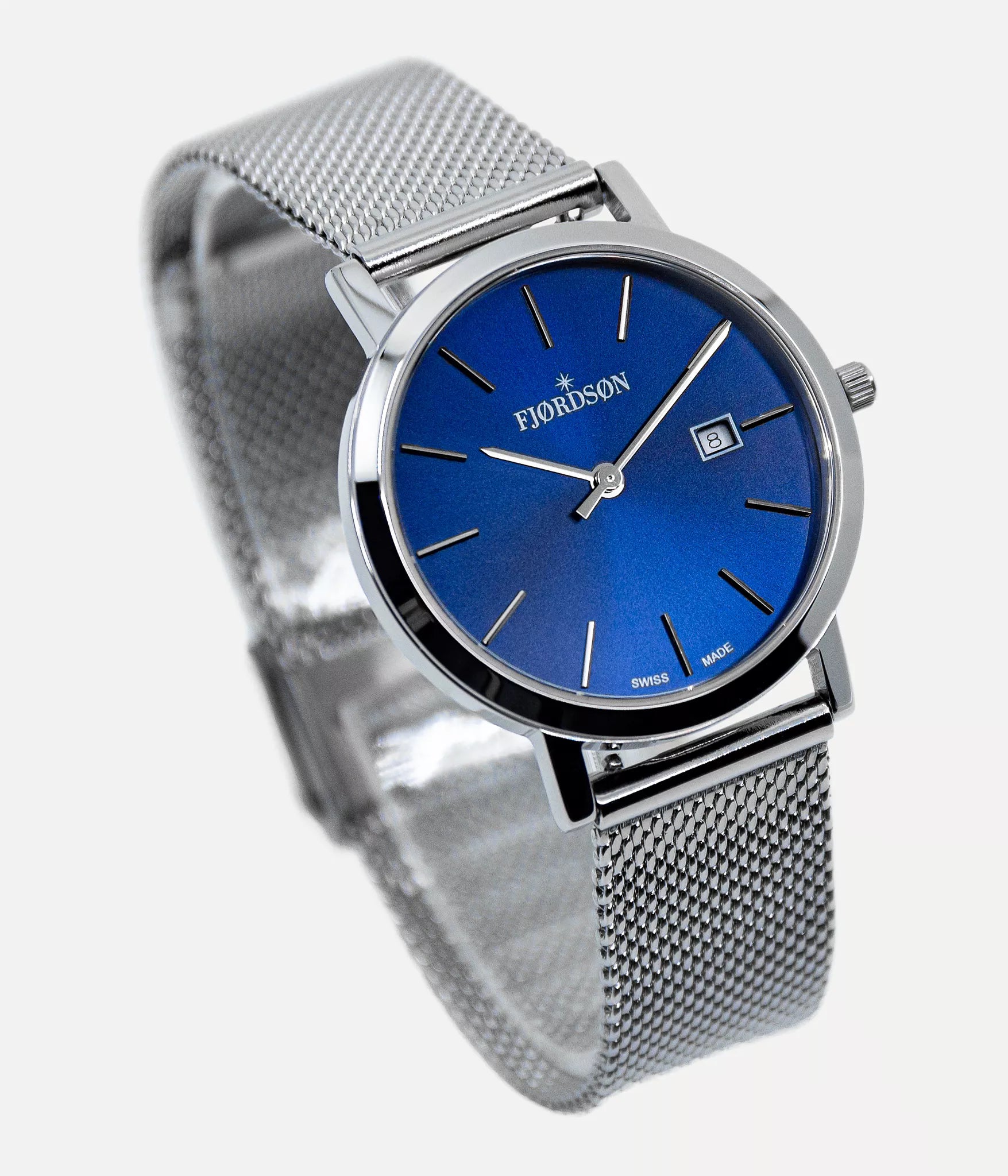 Strap on blue dial watch - Fjordson Silver Metal Mesh Watch strap silver buckle - WOMEN - vegan & approved by PETA - Swiss made