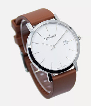 Side shot - Fjordson watch with brown rubber watch strap - MEN - vegan & approved by PETA - Swiss made