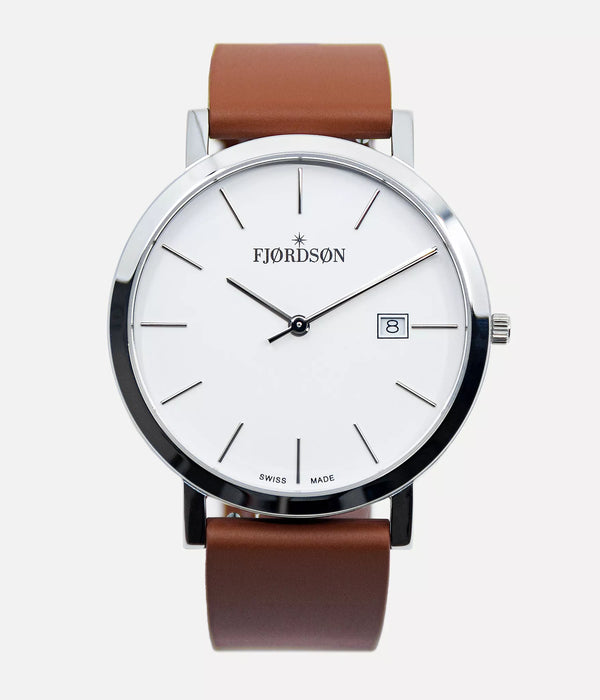 Front shot - Fjordson watch with brown rubber watch strap - MEN - vegan & approved by PETA - Swiss made