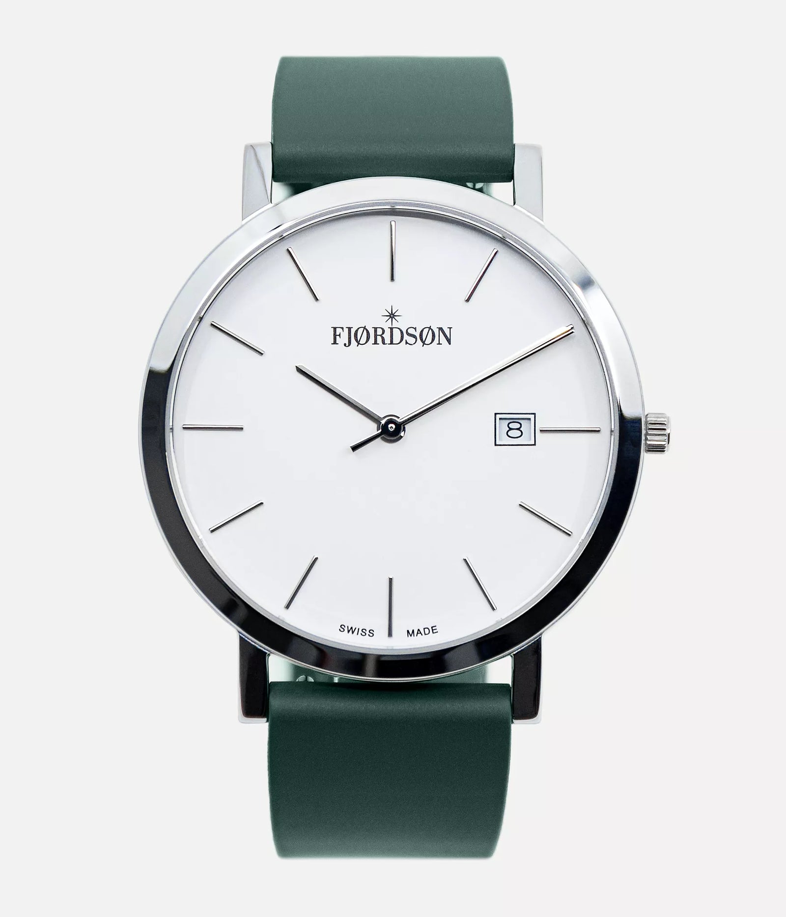 Front shot - Fjordson watch with green rubber watch strap - MEN - vegan & approved by PETA - Swiss made
