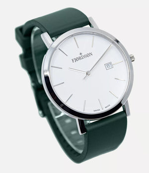 Strap on white dial watch shot - Fjordson Green Rubber Watch strap silver buckle - MEN - vegan & approved by PETA - Swiss made