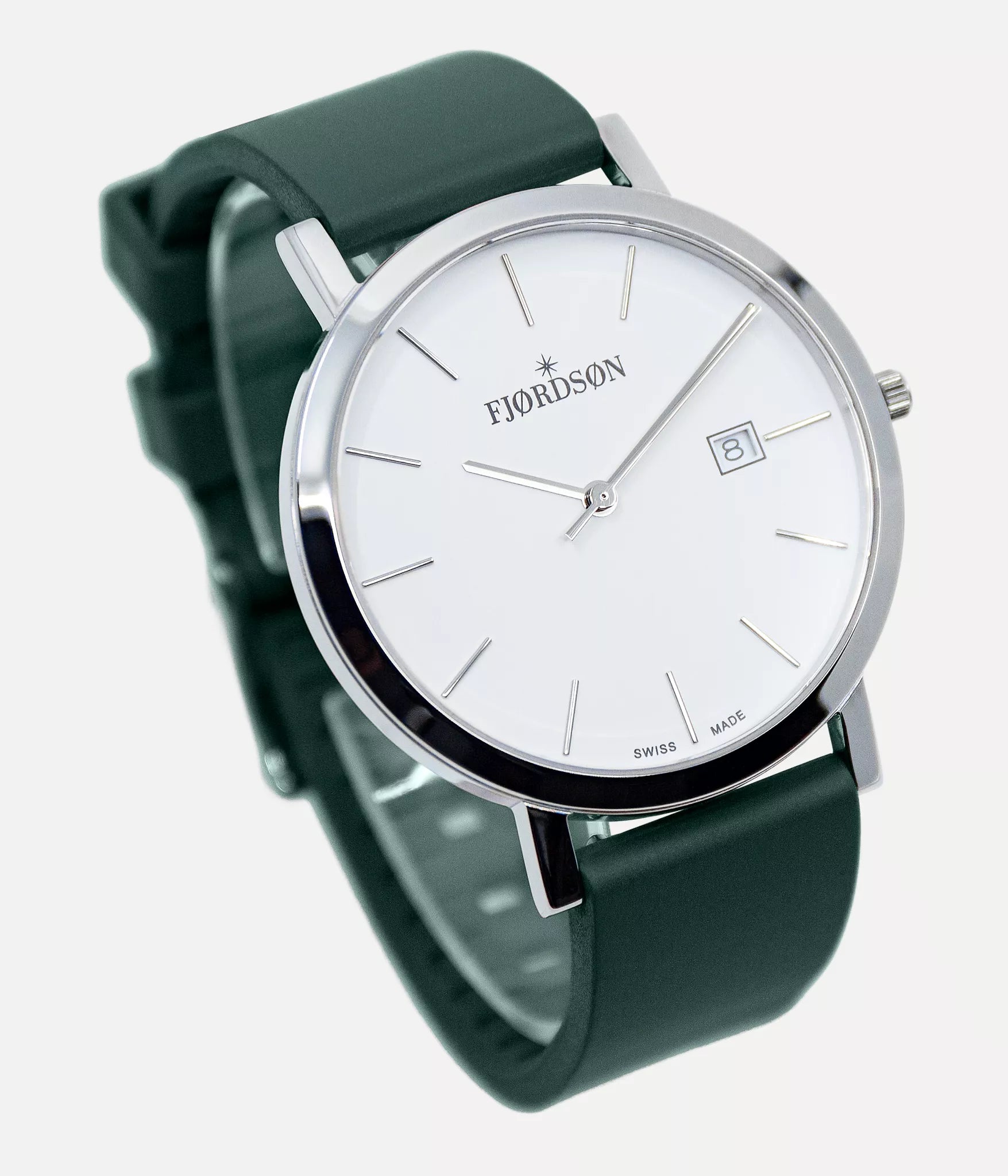 Front shot - Fjordson watch with green rubber watch strap - MEN - vegan & approved by PETA - Swiss made