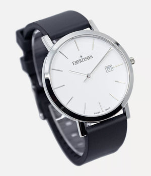 Strap on white dial watch MEN shot - Fjordson Black Rubber Watch strap silver buckle - MEN - vegan & approved by PETA - Swiss made