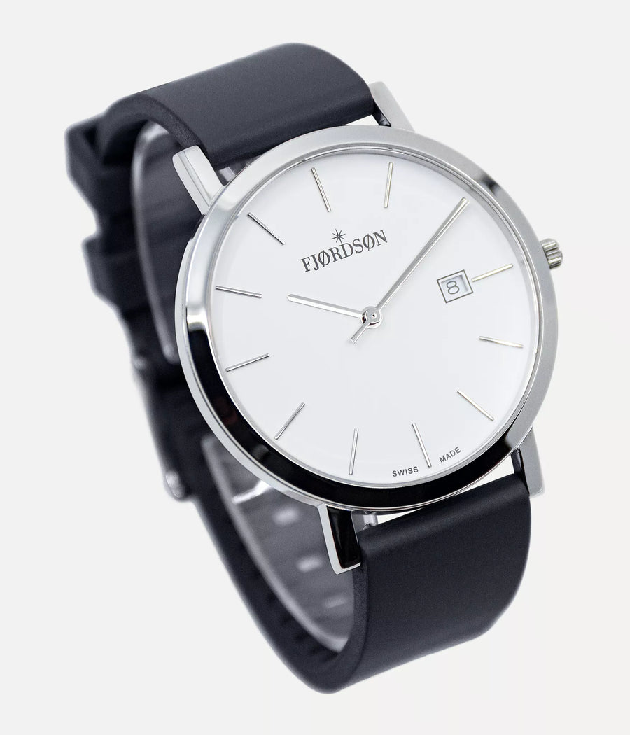 Front shot - Fjordson watch with black rubber watch strap - MEN - vegan & approved by PETA - Swiss made