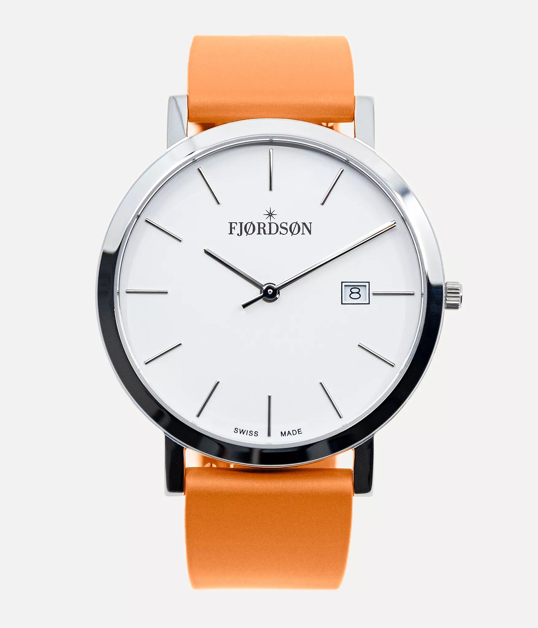 Front shot - Fjordson watch with orange rubber watch strap - MEN - vegan & approved by PETA - Swiss made