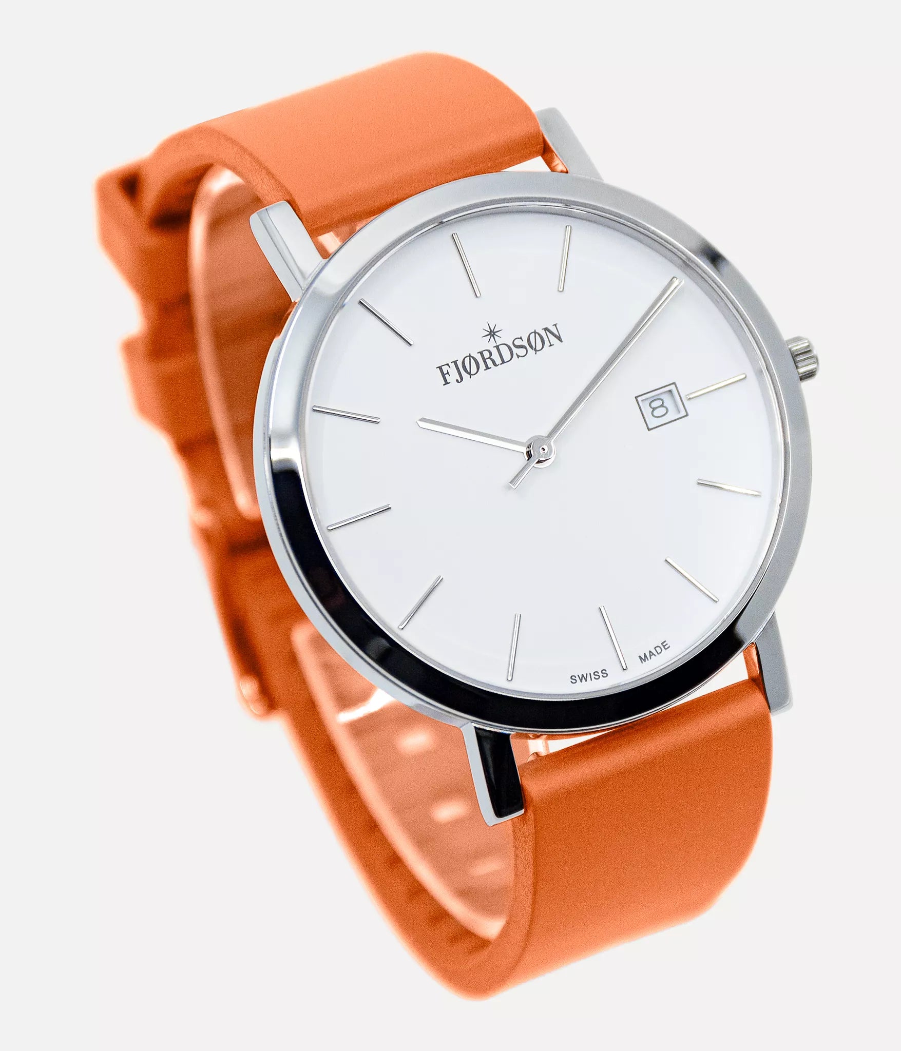 Strap on white dial watch shot - Fjordson Orange Rubber Watch strap silver buckle - MEN - vegan & approved by PETA - Swiss made