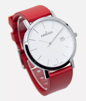 Strap on white dial watch shot - Fjordson Red Rubber Watch strap silver buckle - MEN - vegan & approved by PETA - Swiss made