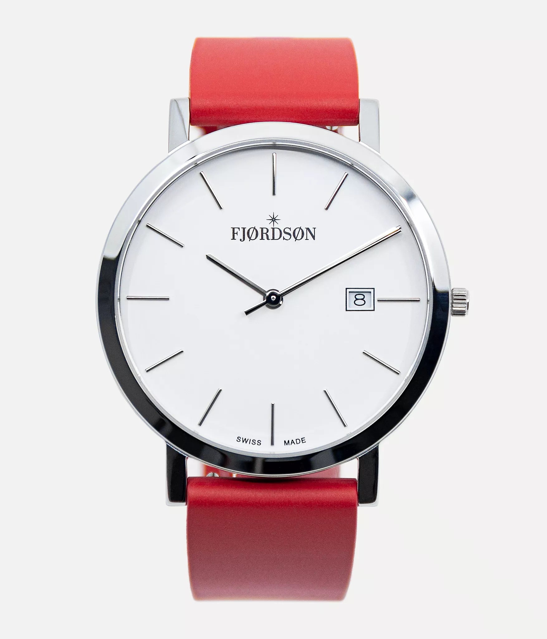 Front shot - Fjordson watch with red rubber watch strap - MEN - vegan & approved by PETA - Swiss made