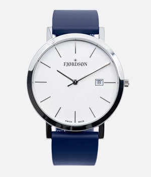 Front shot - Fjordson watch with blue rubber watch strap - MEN - vegan & approved by PETA - Swiss made