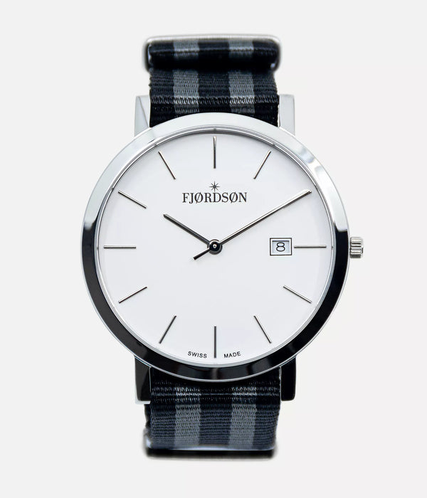 Front shot - Fjordson watch with black / grey Nato watch strap - MEN - vegan & approved by PETA - Swiss made