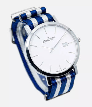 Side shot - Fjordson watch with blue / white Nato watch strap - MEN - vegan & approved by PETA - Swiss made
