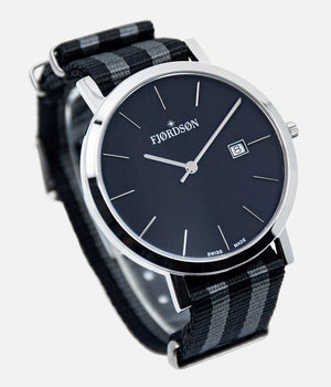 Side shot - Fjordson watch with white dial and black / grey Nato nylon watch strap - Men's Watch - vegan & approved by PETA - Swiss made
