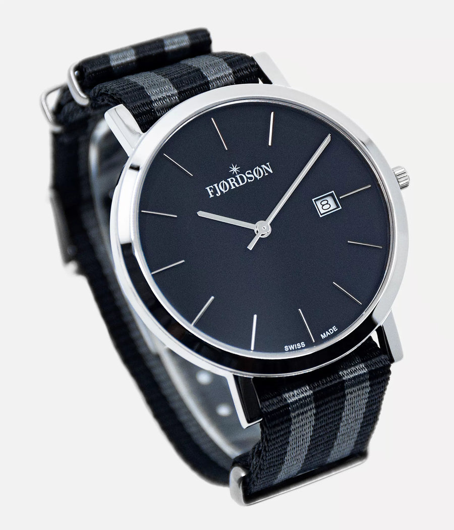 Front shot - Fjordson watch with white dial and black / grey Nato nylon watch strap - Men's Watch - vegan & approved by PETA - Swiss made