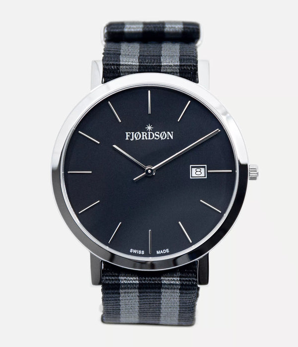 Front shot - Fjordson watch with white dial and black / grey Nato nylon watch strap - Men's Watch - vegan & approved by PETA - Swiss made