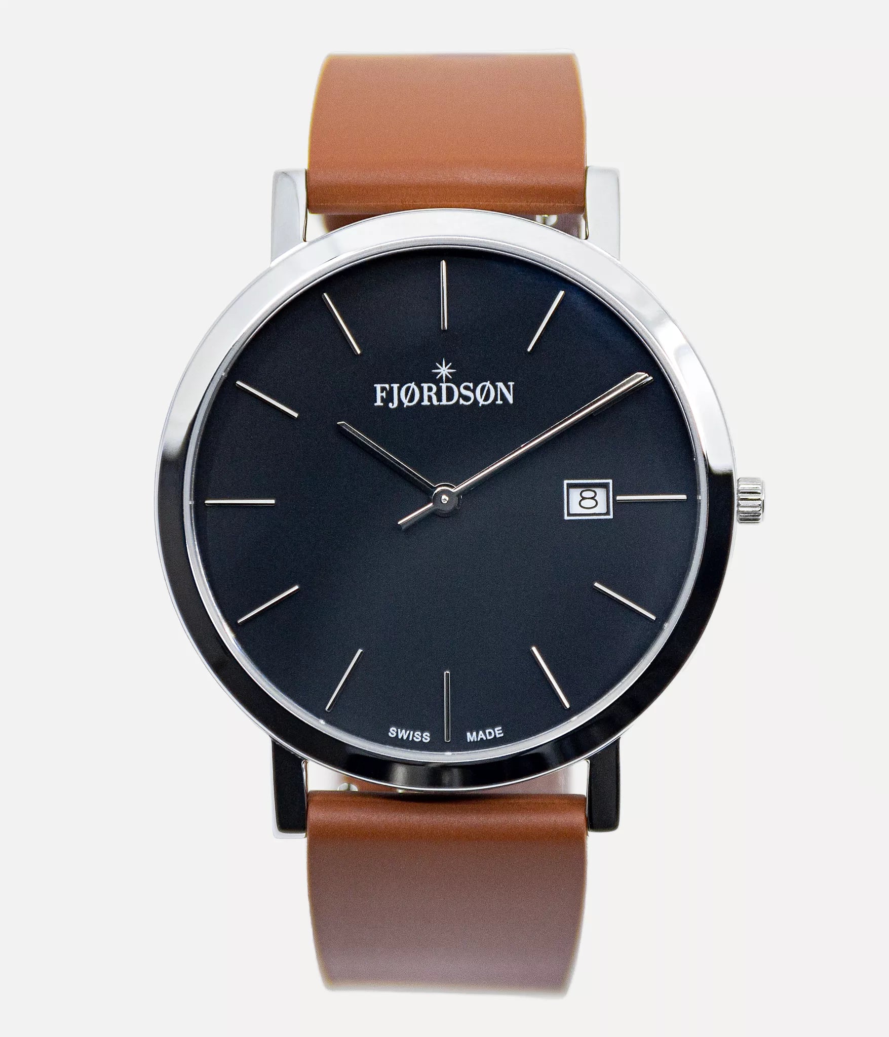 Front shot - Fjordson watch with white dial and brown rubber watch strap - Men's Watch - vegan & approved by PETA - Swiss made