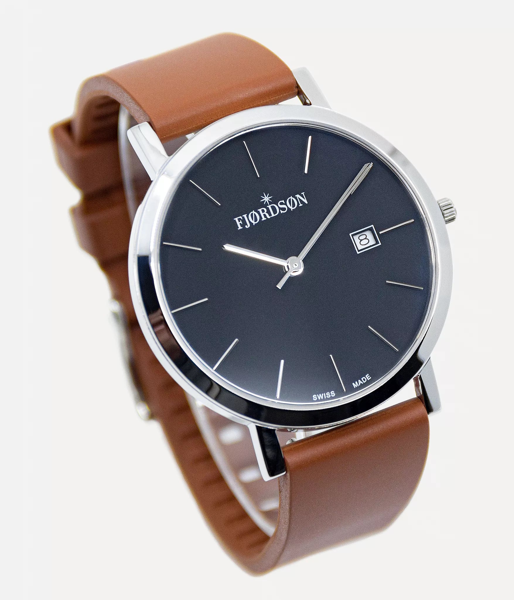 Front shot - Fjordson watch with white dial and brown rubber watch strap - Men's Watch - vegan & approved by PETA - Swiss made
