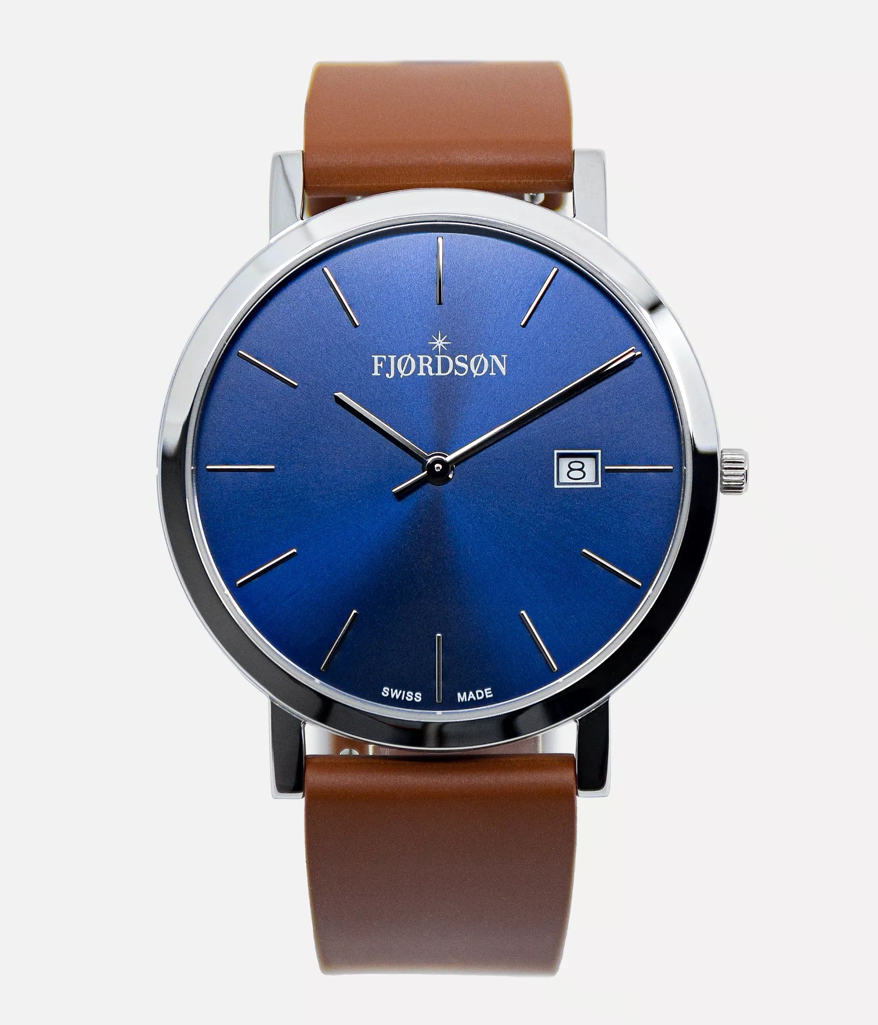 Front shot - Fjordson watch with blue dial and brown rubber watch strap - MEN - vegan & approved by PETA - Swiss made