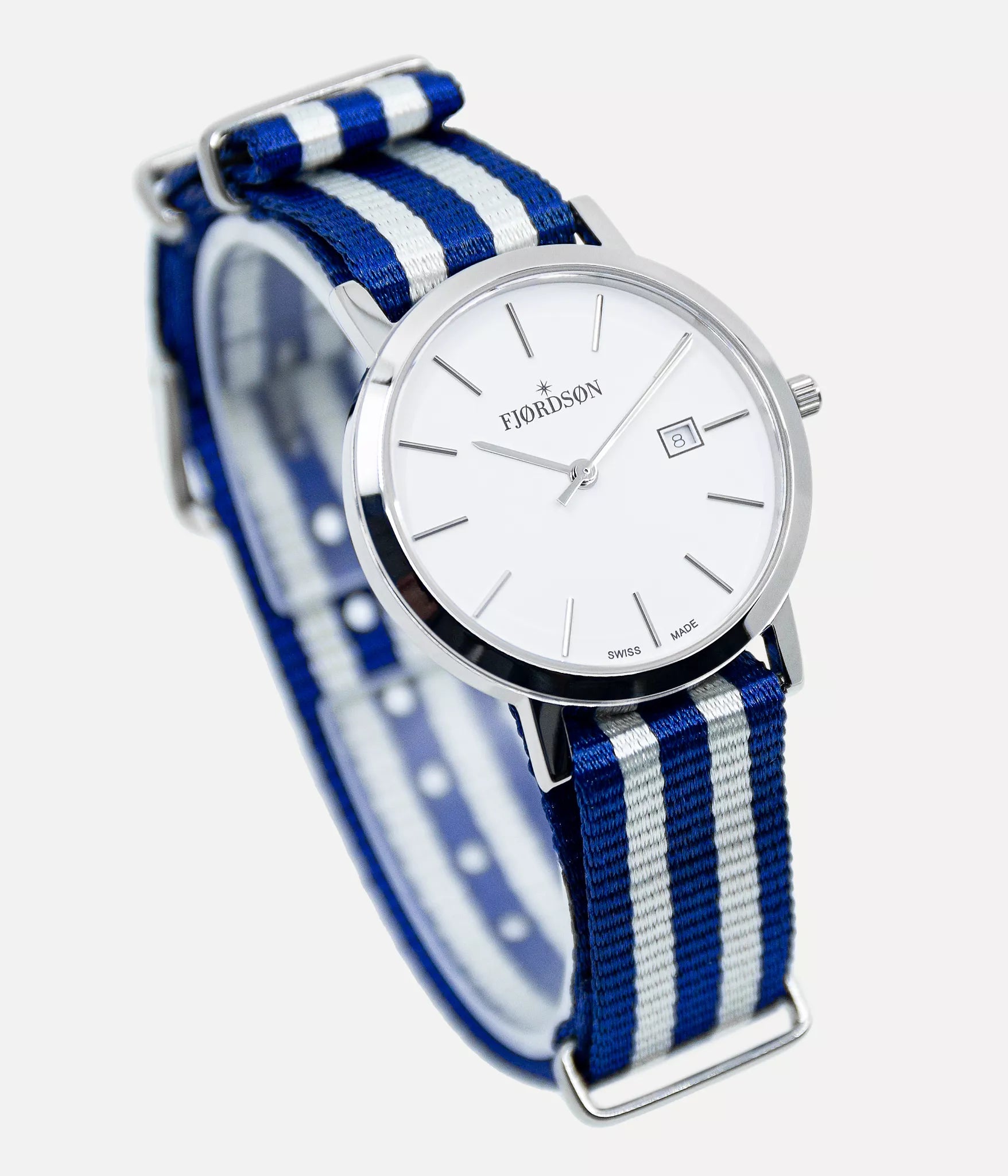Front shot - Fjordson watch with white dial and blue/white NATO nylon watch strap - Women's Watch - vegan & approved by PETA - Swiss made