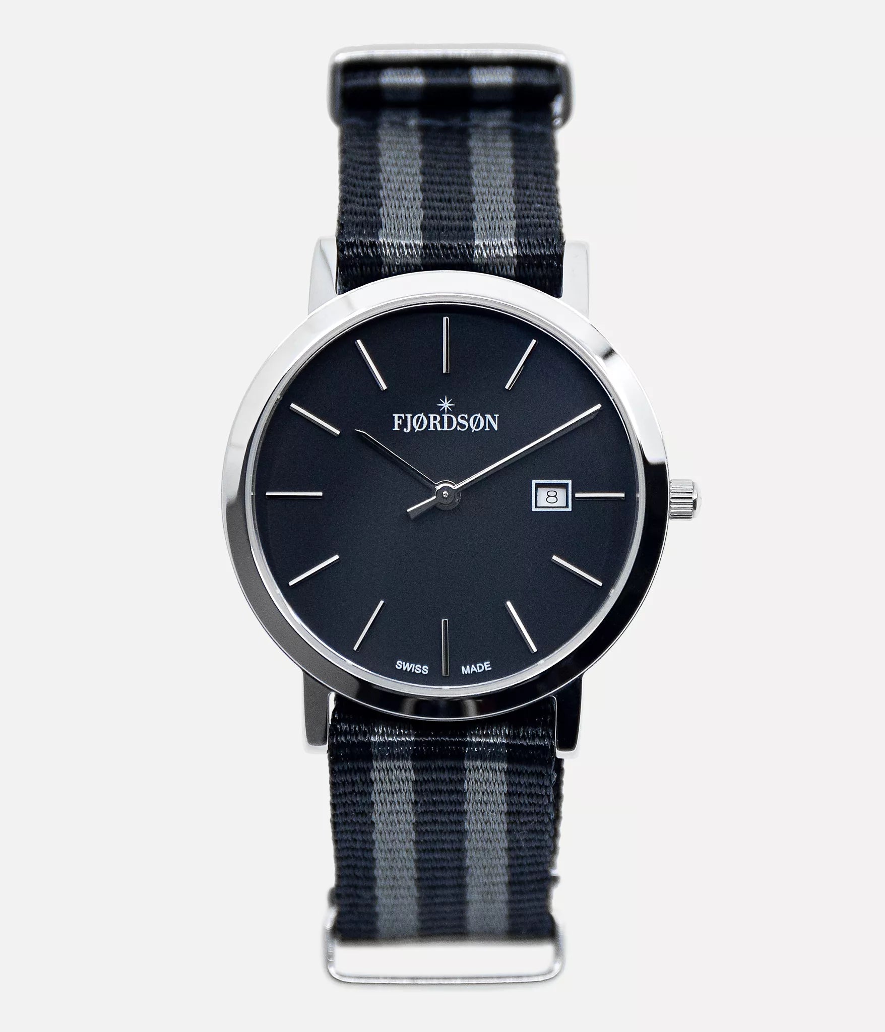 Front shot - Fjordson watch with black dial and black/grey Nato nylon watch strap - WOMEN - vegan & approved by PETA - Swiss made