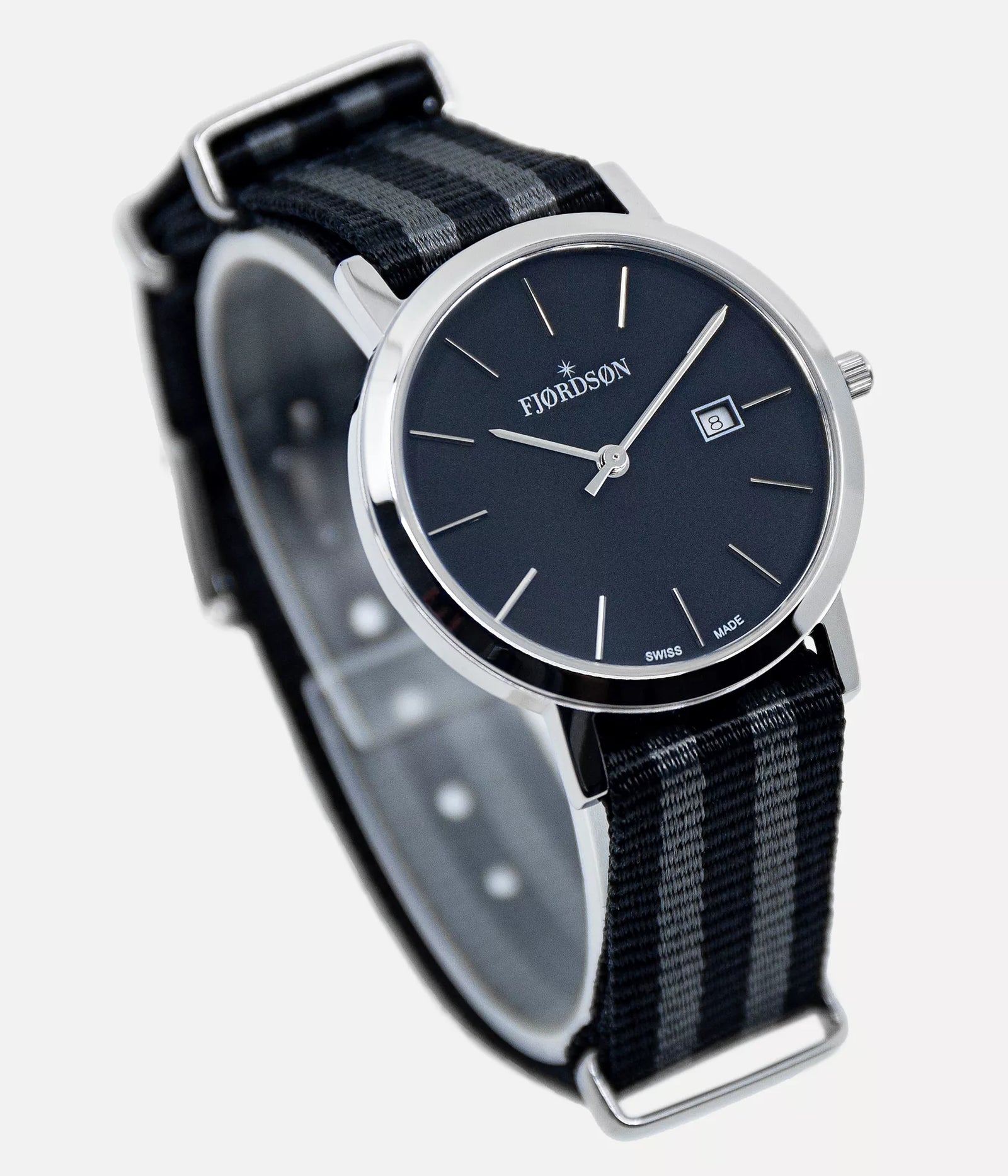 Front shot - Fjordson watch with black dial and black/grey Nato nylon watch strap - WOMEN - vegan & approved by PETA - Swiss made
