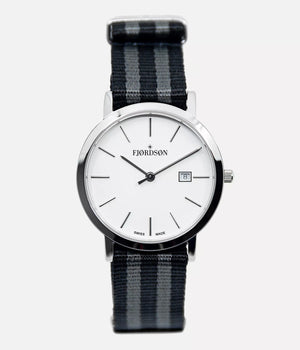Front shot - Fjordson watch with white dial and black/grey NATO nylon watch strap - Women's Watch - vegan & approved by PETA - Swiss made