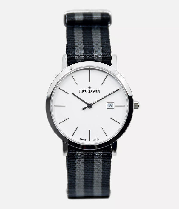 Front shot - Fjordson watch with white dial and black/grey NATO nylon watch strap - Women's Watch - vegan & approved by PETA - Swiss made