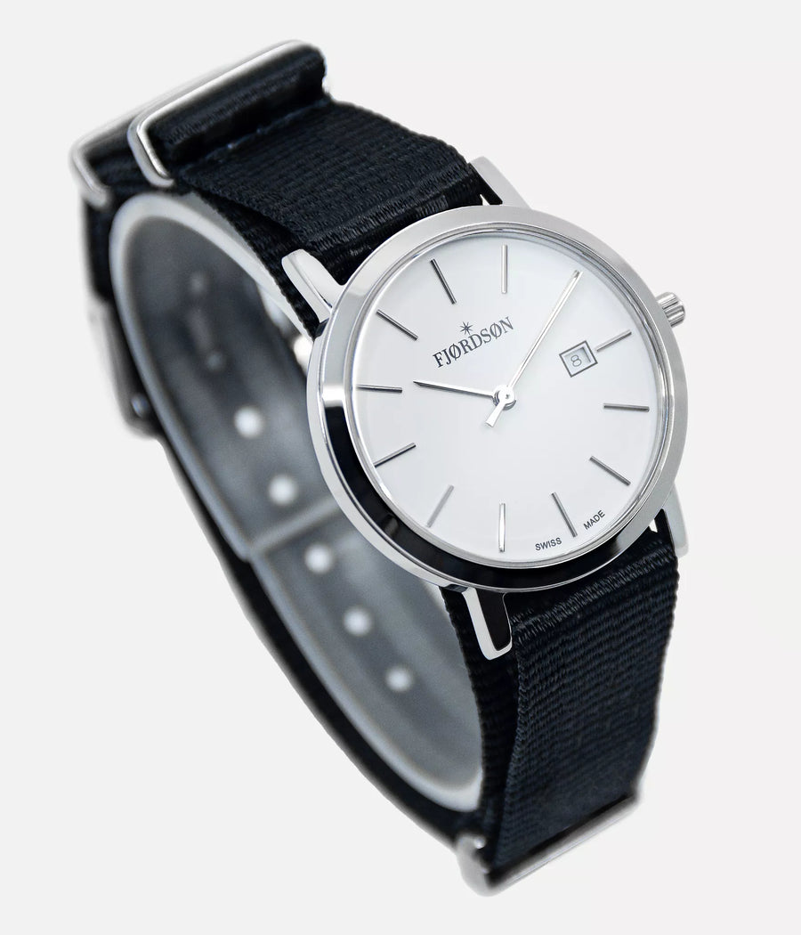Front shot - Fjordson watch with white dial and black NATO nylon watch strap - Women's Watch - vegan & approved by PETA - Swiss made