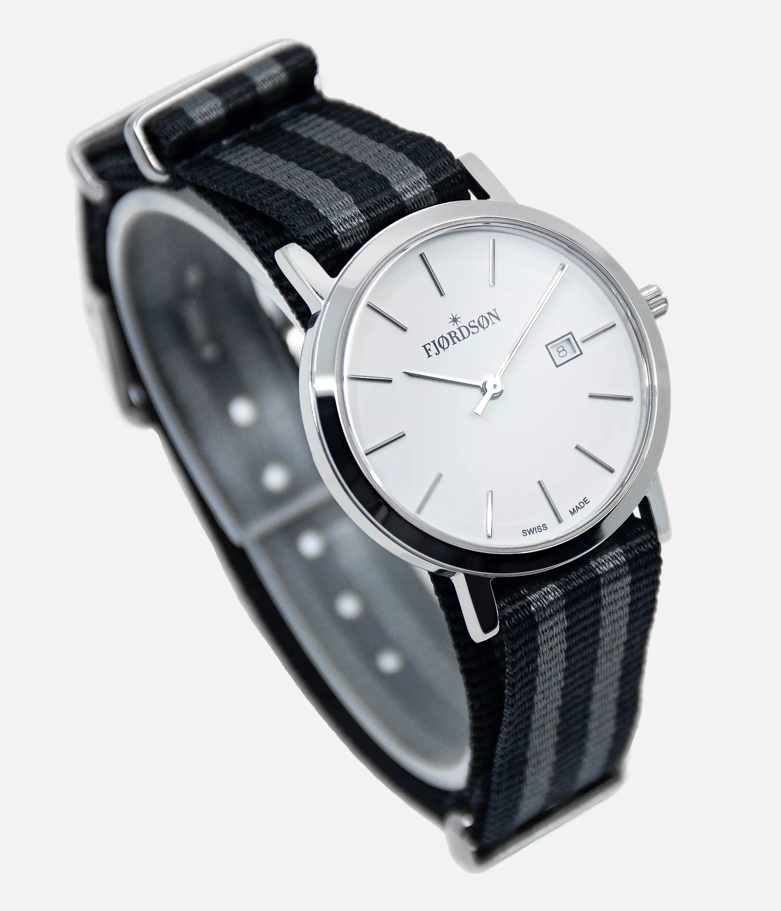 Front shot - Fjordson watch with white dial and black/grey NATO nylon watch strap - Women's Watch - vegan & approved by PETA - Swiss made