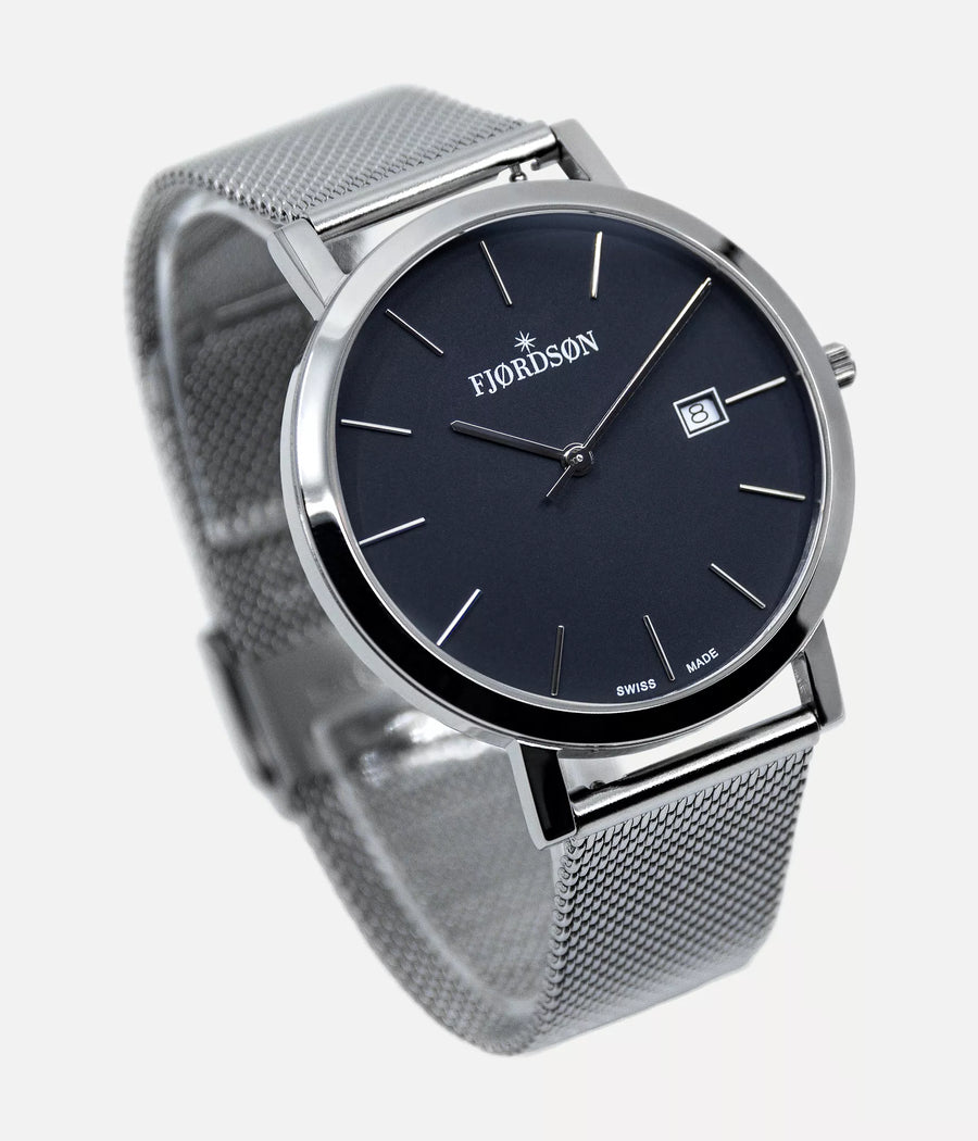 Front shot - Fjordson watch with black dial and silver mesh watch strap - MEN - vegan & approved by PETA - Swiss made