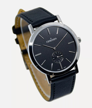 Side shot - Fjordson watch with black dial and vegan leather strap - UNISEX - vegan & approved by PETA - Swiss made