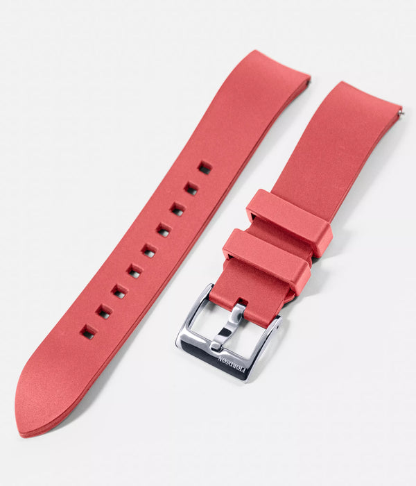 Strap shot - Fjordson Red Rubber Watch strap silver buckle - MEN - vegan & approved by PETA - Swiss made