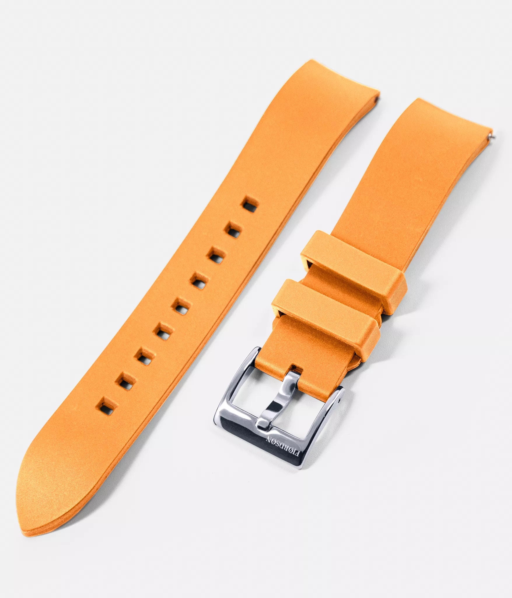 Strap shot - Fjordson Orange Rubber Watch strap silver buckle - UNISEX - vegan & approved by PETA - Swiss made