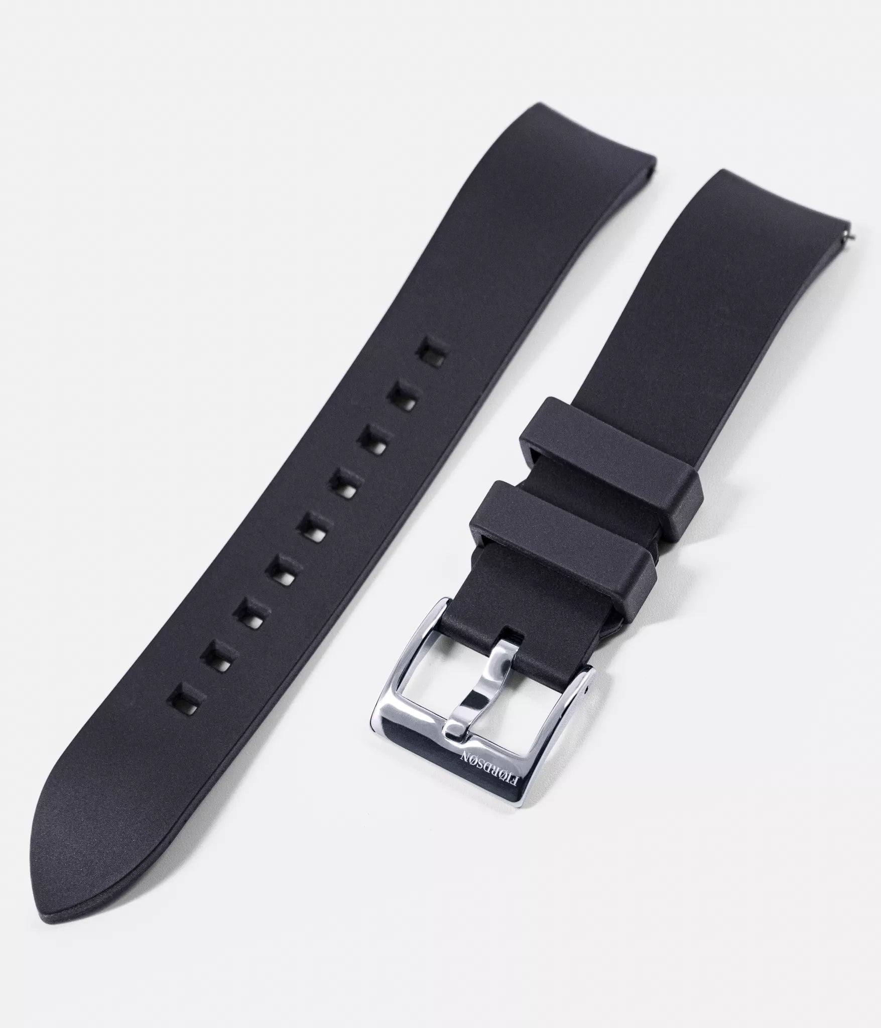 Strap shot - Fjordson black rubber strap silver buckle - UNISEX - vegan & approved by PETA - Swiss made