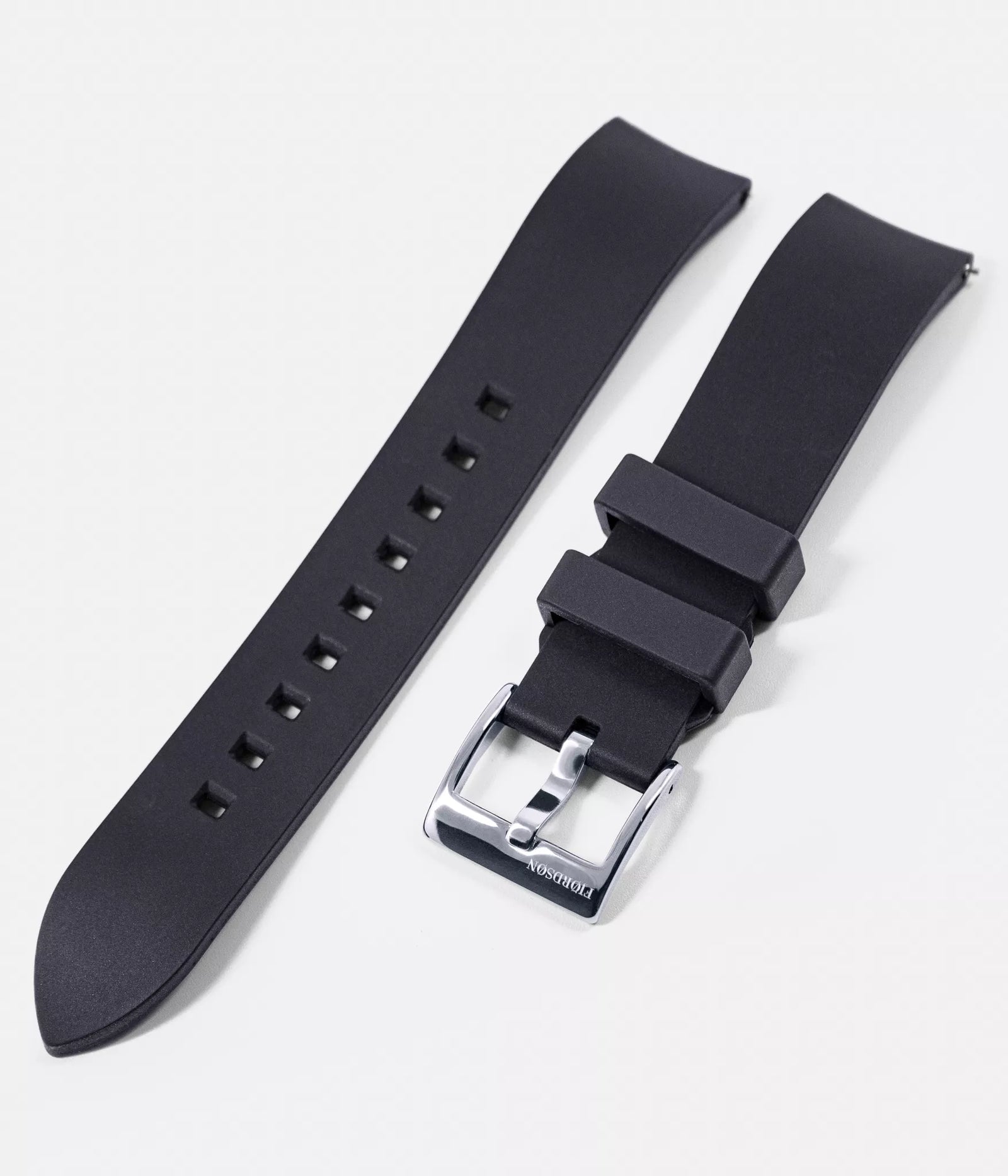 Strap shot - Fjordson Black Rubber Watch strap silver buckle - MEN - vegan & approved by PETA - Swiss made