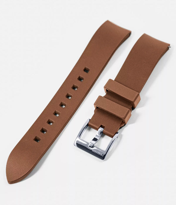 Strap shot - Fjordson Brown Rubber Watch strap silver buckle - MEN - vegan & approved by PETA - Swiss made