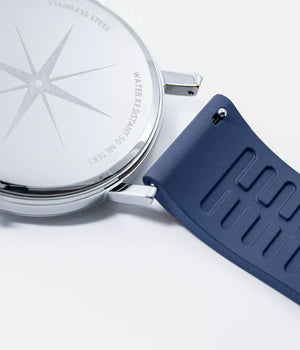 Back strap shot - Fjordson Blue Rubber Watch strap silver buckle - MEN - vegan & approved by PETA - Swiss made