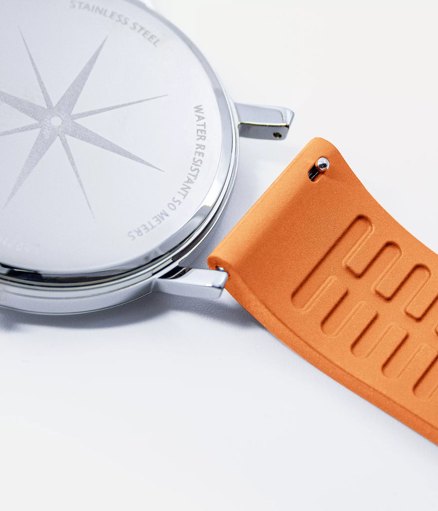 Strap shot - Fjordson Orange Rubber Watch strap silver buckle - MEN - vegan & approved by PETA - Swiss made