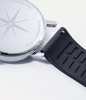 Back strap shot - Fjordson Black Rubber Watch strap silver buckle - MEN - vegan & approved by PETA - Swiss made