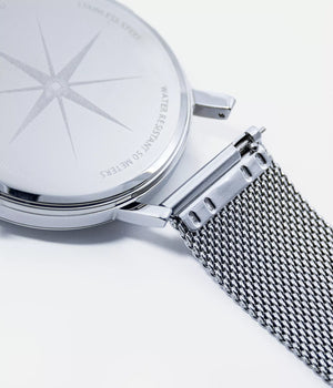 Back strap shot - Fjordson Metal Mesh Watch strap silver buckle - MEN - vegan & approved by PETA - Swiss made