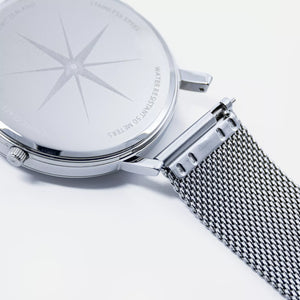 Detail strap shot - Fjordson watch with black dial and metal mesh strap - WOMEN - vegan & approved by PETA - Swiss made