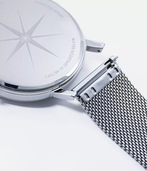 Back strap shot - Fjordson matching watches with white dial and silver metal watch strap - Couple Watches Gift set - vegan & approved by PETA - Swiss made