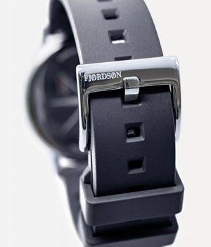 Strap detail lock shot - Fjordson black rubber strap silver buckle - UNISEX - vegan & approved by PETA - Swiss made