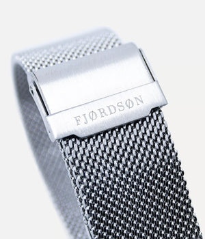 Strap detail shot - Fjordson matching watches with black dial and silver metal watch strap - Couple Watches Gift set - vegan & approved by PETA - Swiss made