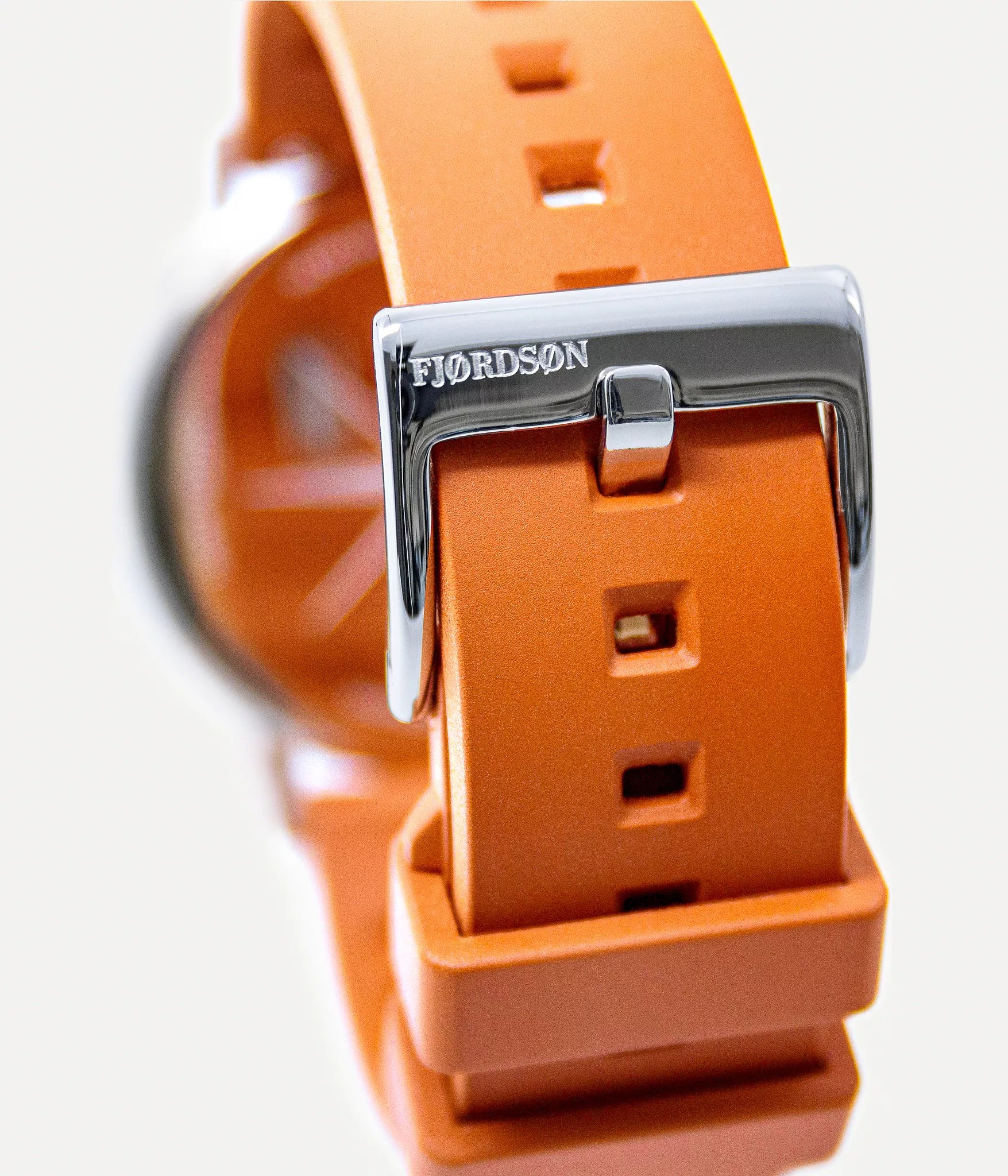 Strap detail lock shot - Fjordson Orange Rubber Watch strap silver buckle - MEN - vegan & approved by PETA - Swiss made