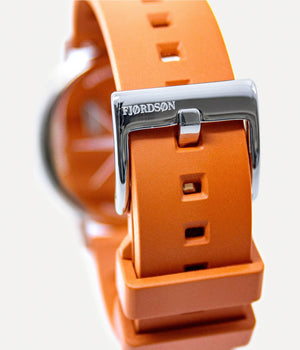 Strap detail lock shot - Fjordson Orange Rubber Watch strap silver buckle - UNISEX - vegan & approved by PETA - Swiss made